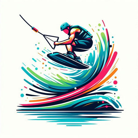 Water skiing vector illustration, abstract colorful background with water splashes.のイラスト素材