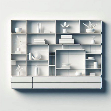 3d rendered bookshelves with decorative objects in the interior.のイラスト素材