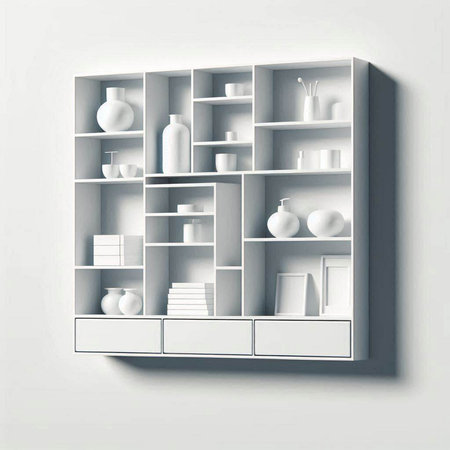 White bookshelf with books and decorations. 3d illustration.のイラスト素材