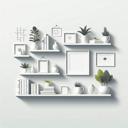 White bookshelves with plants and decorations on the wall. Vector illustration.のイラスト素材