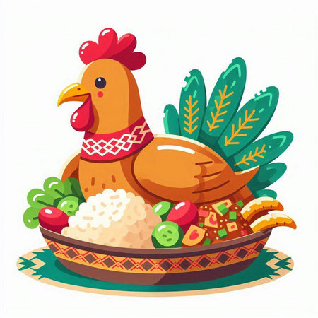 Rooster with rice and vegetables. Cute cartoon vector illustration.のイラスト素材