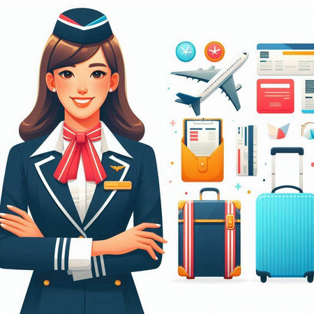 Stewardess with luggage and travel icons set. Vector illustration.のイラスト素材