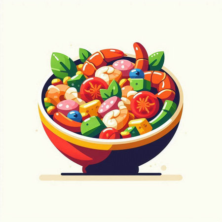 Colorful vector illustration of a bowl of mixed vegetables and meat.のイラスト素材