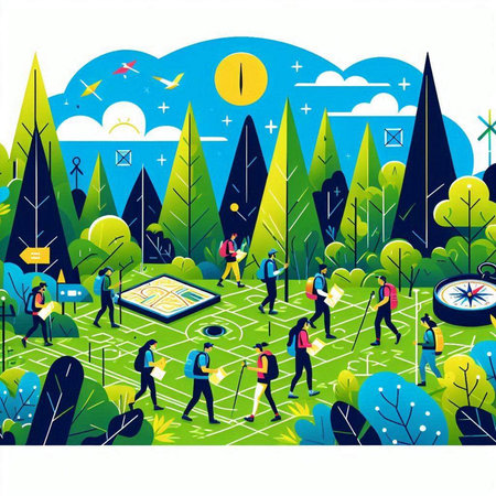 Vector illustration of people walking through the forest with compass and map.のイラスト素材