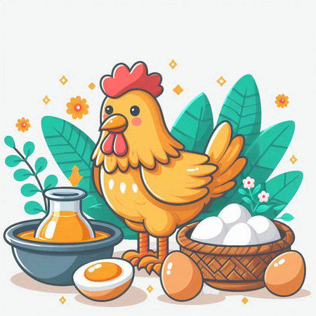 Illustration of chicken, eggs and sugar on a white background.のイラスト素材