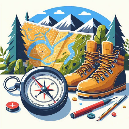 Vector illustration of a mountain landscape with boots, compass and map.のイラスト素材