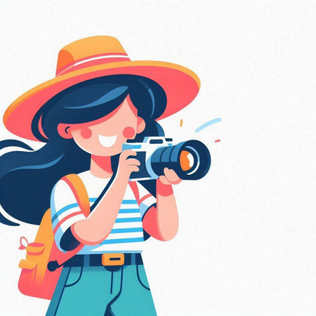 Vector illustration of a girl in a straw hat with a camera.のイラスト素材