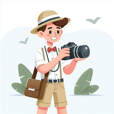 Vector illustration of a boy in a hat with a camera in his handsのイラスト素材