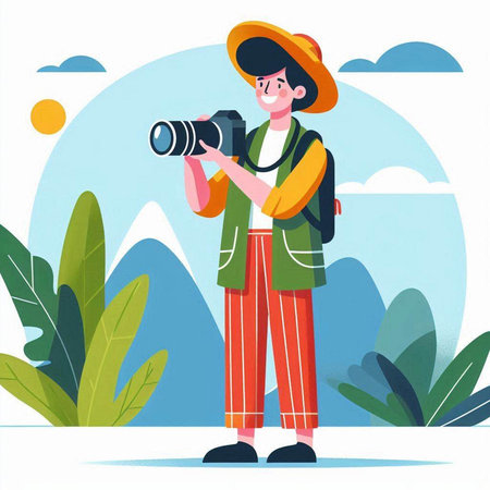 Tourist with backpack and camera. Vector illustration in flat style.のイラスト素材