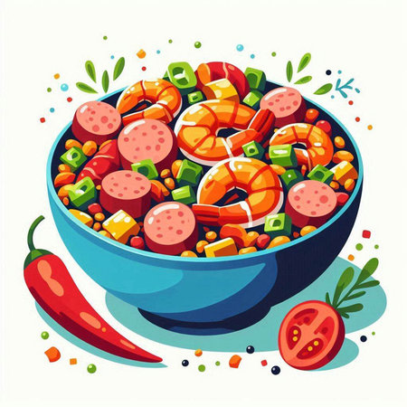 Vector illustration of a bowl of sausages with vegetables and spicesのイラスト素材