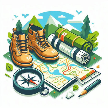 Vector illustration of a tourist map with hiking boots, compass and backpackのイラスト素材