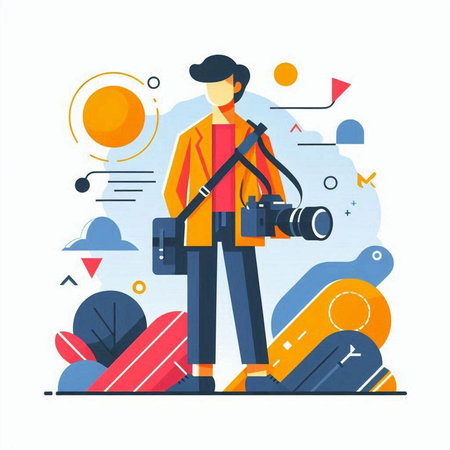Photographer with camera. Vector illustration in flat design style. Man with camera.のイラスト素材