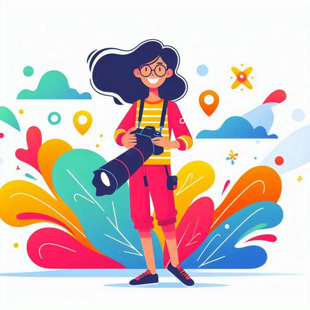 Tourist girl with camera in hand. Vector illustration in flat styleのイラスト素材