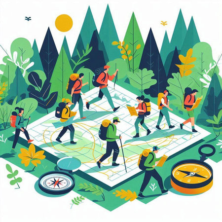 Vector illustration of a group of people hiking in the forest. The concept of travel and tourism.のイラスト素材