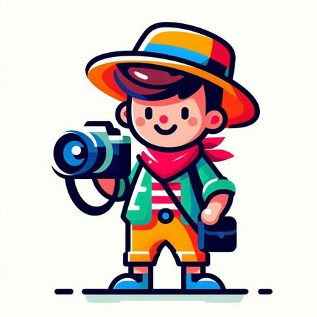 Illustration of a boy with a camera. Vector illustration in cartoon style.のイラスト素材