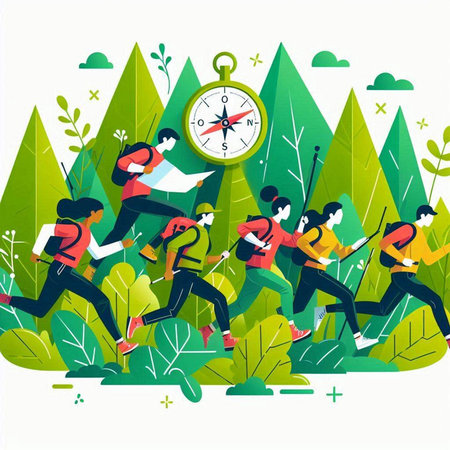 Illustration of a group of people running in the forest with compassのイラスト素材