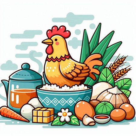 Vector illustration of a chicken with eggs and vegetables in a bowl.のイラスト素材