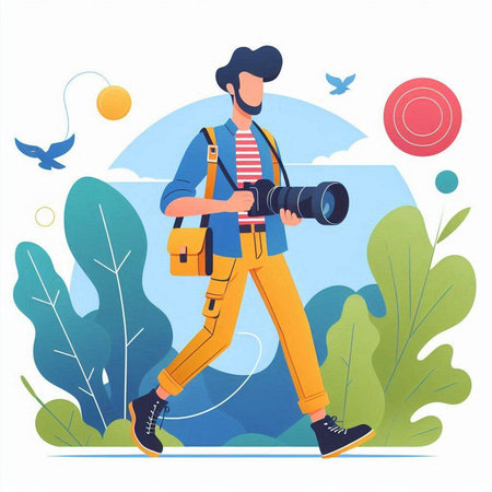Photographer with camera on the background of the landscape. Vector illustrationのイラスト素材