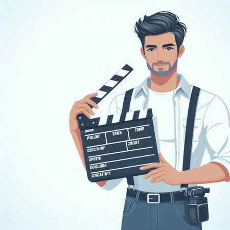 Handsome man with a movie clapper board. Vector illustration.のイラスト素材