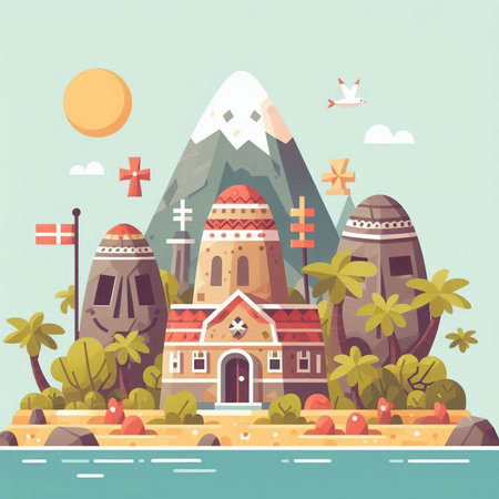 Vector illustration of the island in the middle of the sea with a house, mountains and palm trees.のイラスト素材