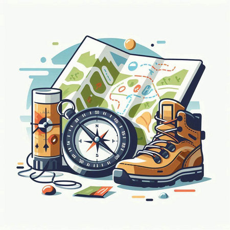 Vector illustration of a tourist map, boots, compass and other itemsのイラスト素材