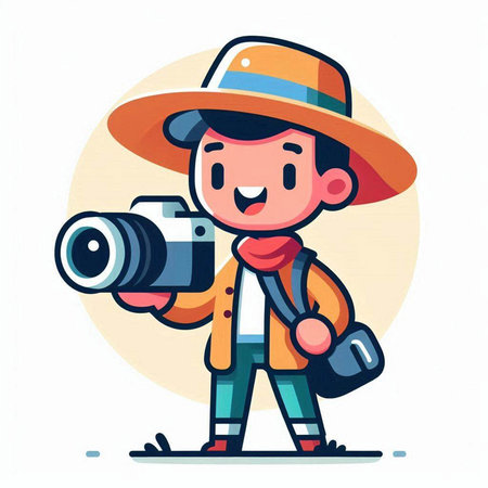Tourist boy with camera. Vector illustration in flat cartoon style.のイラスト素材