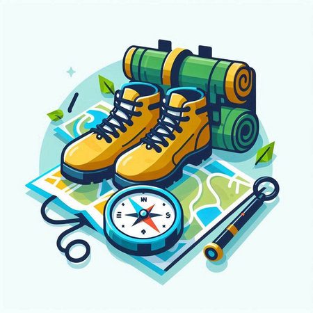 Flat isometric vector illustration of a hiking boots, trekking poles, map, compass and binocularsのイラスト素材