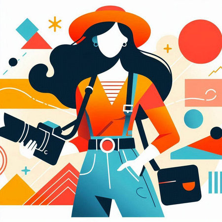 Vector illustration of a girl with a camera in her hands on abstract backgroundのイラスト素材