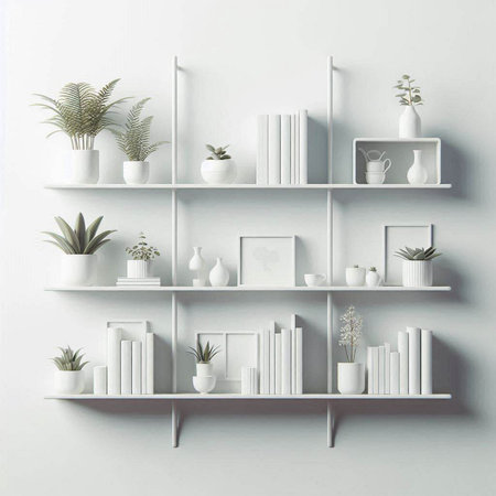 White bookshelves with plants and decorations. 3d rendering.のイラスト素材