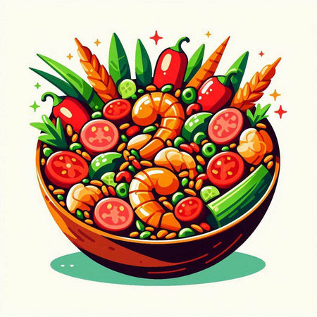 Illustration of a bowl of fresh vegetable salad. Vector illustration.のイラスト素材