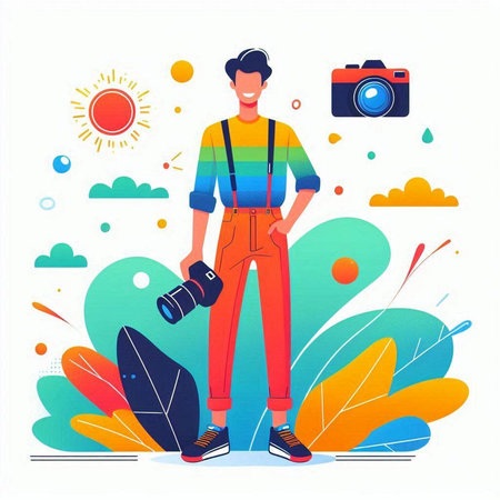 Photographer with camera in his hands. Vector illustration in flat styleのイラスト素材