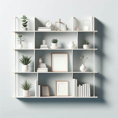 White bookshelf with books, vases and plants. 3d renderingのイラスト素材