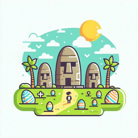 Easter egg hunt vector illustration in flat style. Happy easter concept.のイラスト素材