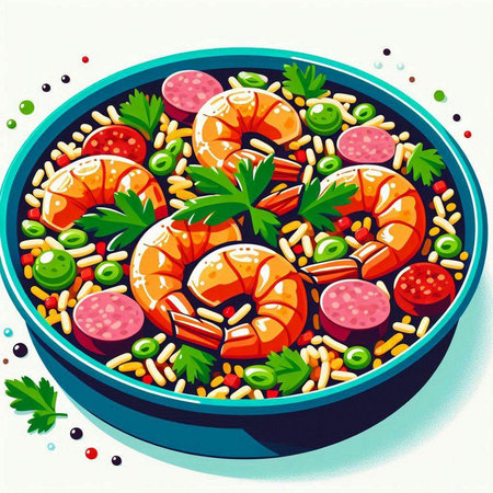 Seafood dish with shrimps, prawns, sausages and vegetables. Vector illustration.のイラスト素材