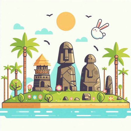 Ancient temple on the island. Vector illustration in a flat style.のイラスト素材