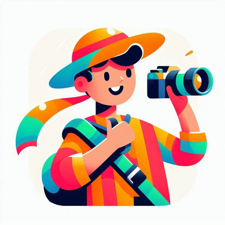 Vector illustration of a young man with a camera in his hands.のイラスト素材