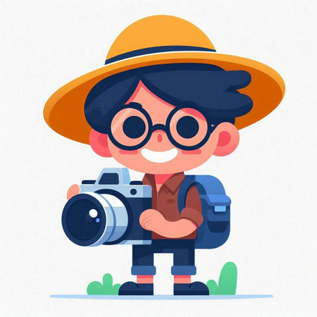 Cute boy in safari hat and glasses with camera. Vector illustrationのイラスト素材