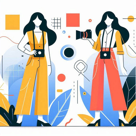 Fashionable young women taking photo with camera. Vector illustration.のイラスト素材