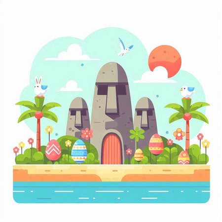 Cute cartoon stone castle with eggs on the beach. Vector illustrationのイラスト素材