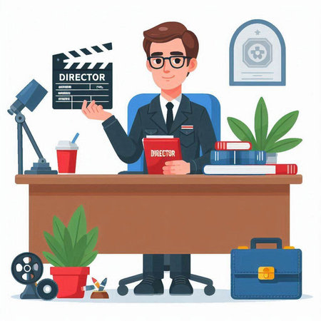 Cartoon character of a man in a suit and glasses sitting at the table with a movie clapperboard. Vector illustrationのイラスト素材