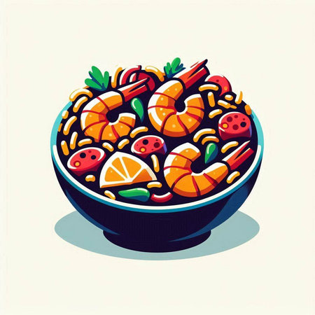Salad with shrimps and vegetables in bowl. Vector illustration.のイラスト素材