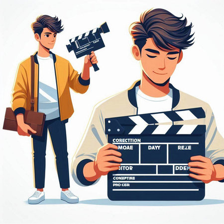 Young man and boy holding clapperboard. Vector illustration in cartoon styleのイラスト素材