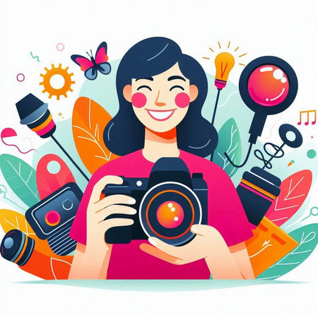 Photographer woman with camera. Vector illustration in flat style. Colorful background.のイラスト素材