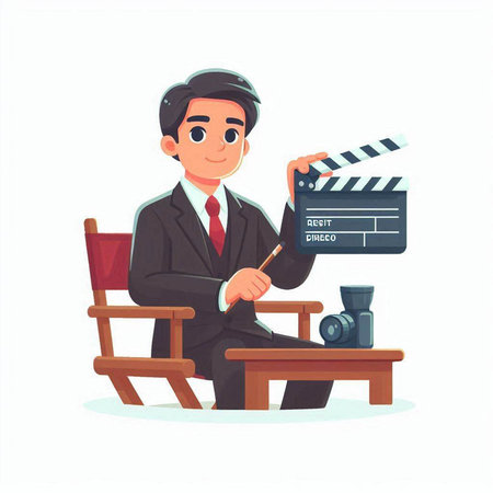Cartoon vector illustration of a man in a suit sitting on a bench and holding a movie clapper.のイラスト素材