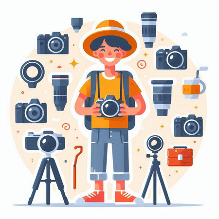 Photographer with camera equipment. Vector illustration in flat cartoon style.のイラスト素材