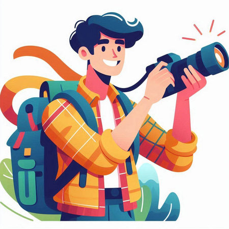 Tourist man with backpack and camera. Vector illustration in cartoon styleのイラスト素材
