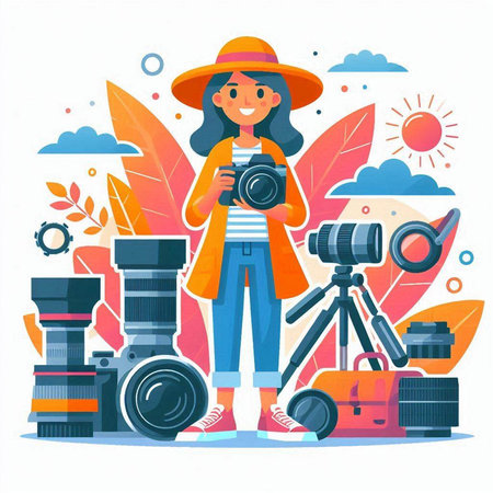 Photographer woman with camera and equipment. Vector illustration in flat styleのイラスト素材