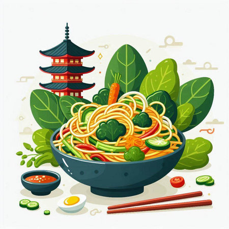 Noodles with vegetables and herbs in bowl. Vector illustration.のイラスト素材