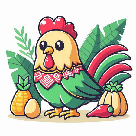 Cute cartoon rooster with vegetables on white background. Vector illustration.のイラスト素材