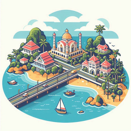 Taj Mahal mosque and bridge on the island. Vector illustrationのイラスト素材